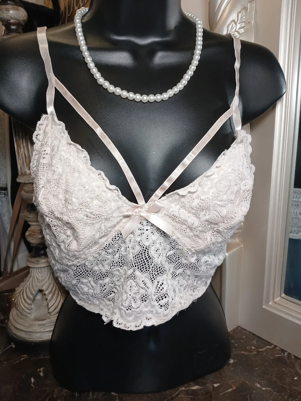 Lace Bandeau Bralette with Satin Trim in Light Pink - Picture 10 of 11